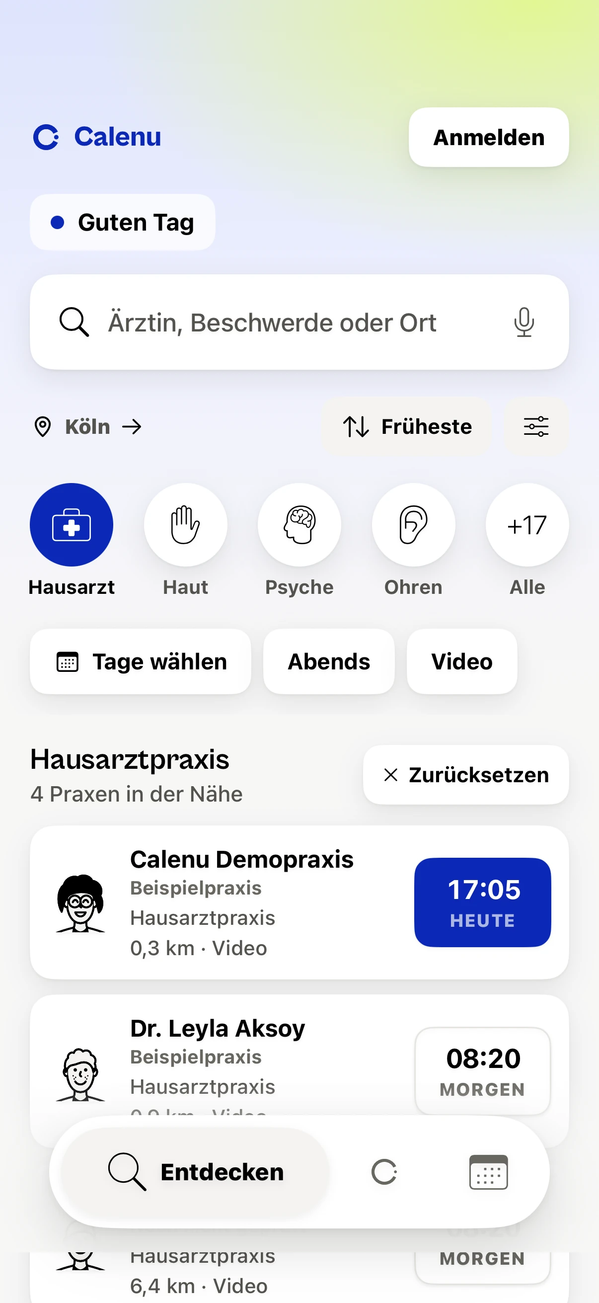 Hausarzt, nächste Termine: die Praxen in der Nähe mit ihrer nächsten freien Zeit, die früheste zuerst.