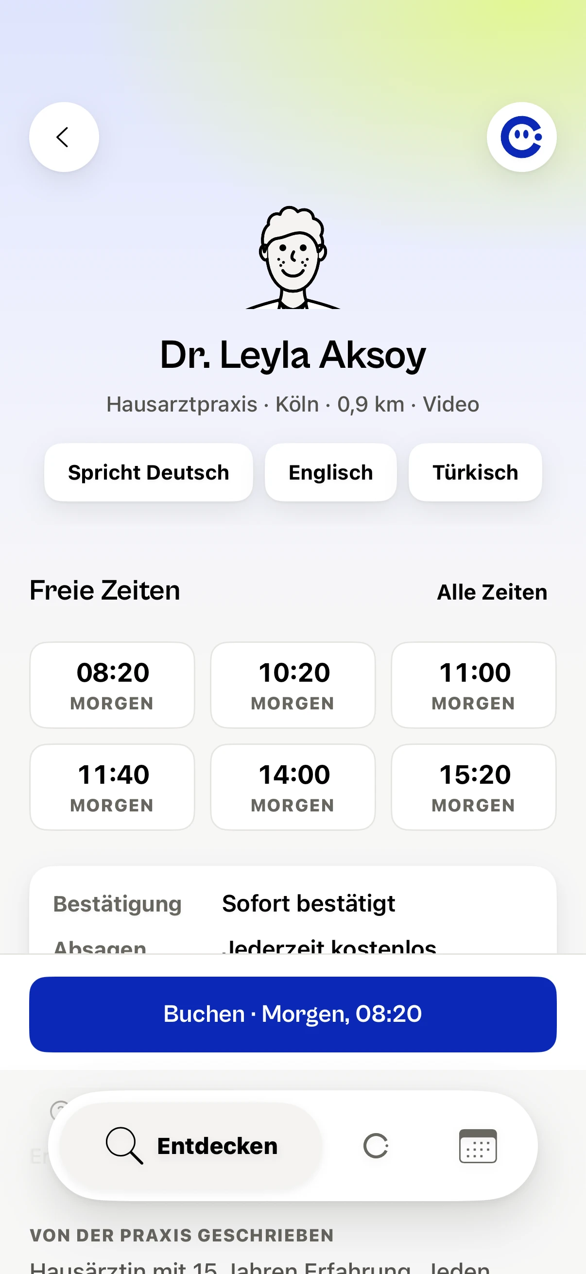 Eine Praxis: ihre nächsten freien Zeiten, wie sie bestätigt, was eine Absage kostet, und der Knopf zum Buchen.