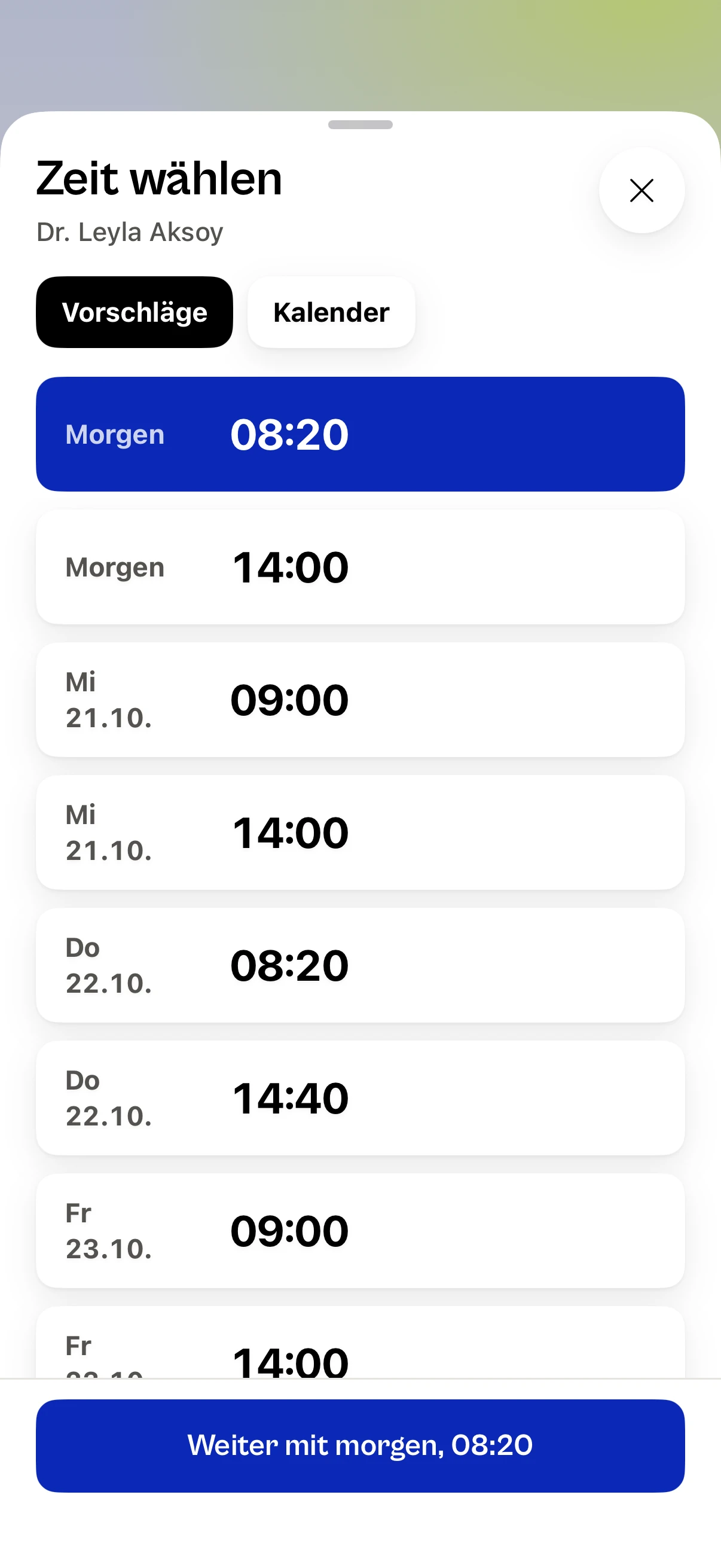 Eine Zeit wählen: die nächsten freien Zeiten als Liste, und die gewählte Zeit auf dem Knopf.